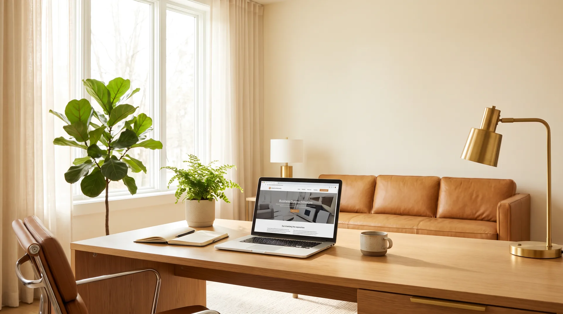 A bright, light-filled executive office with a sunlit window, a laptop on a wooden desk, potted plants, and a leather couch.