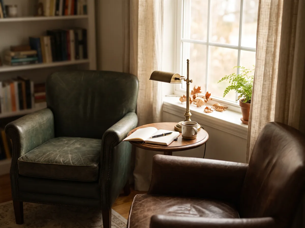 Two leather armchairs face each other beside a sunlit window, set for a quiet, confidential coaching conversation.